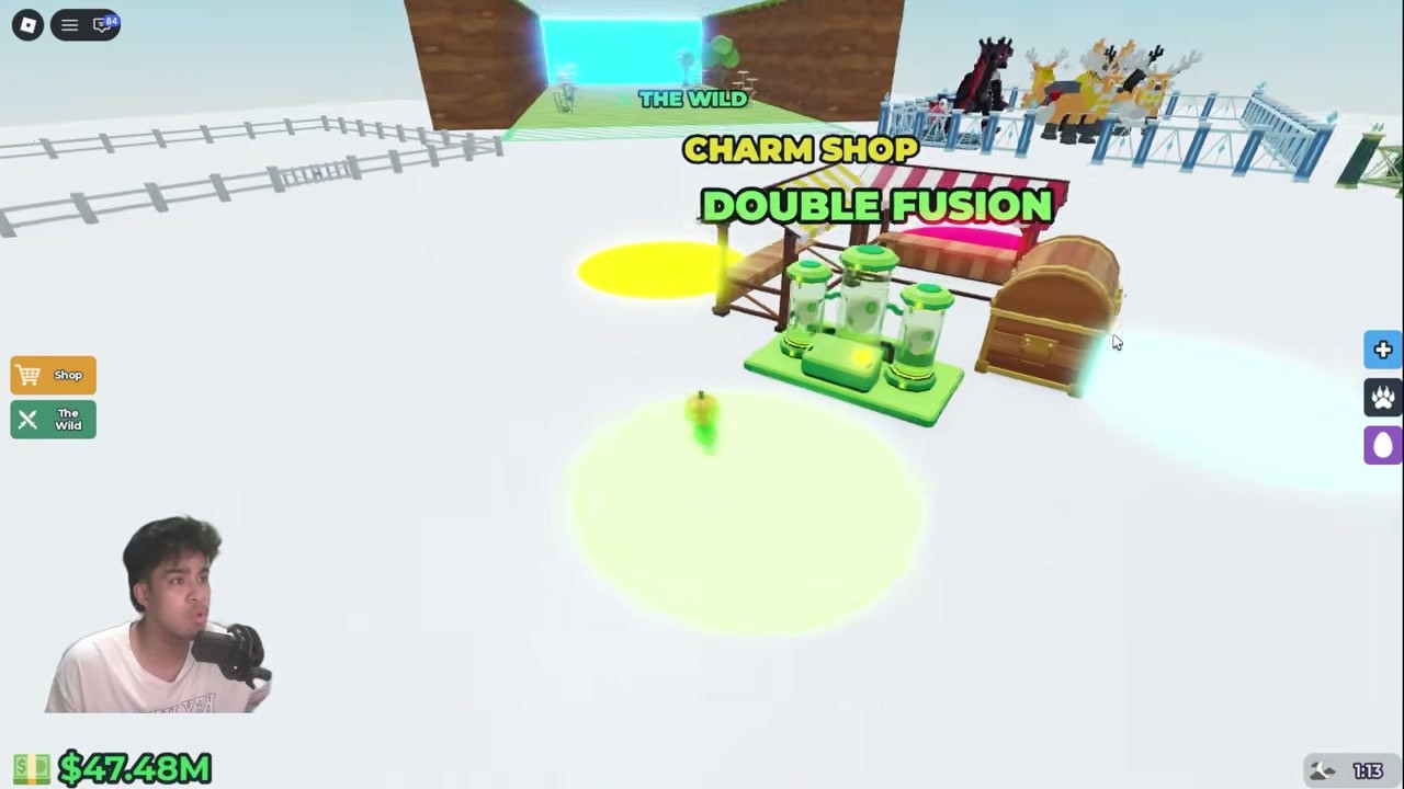 The complete home base screen showing the CHARM SHOP station where charms are bought with in-game cash or Robux.