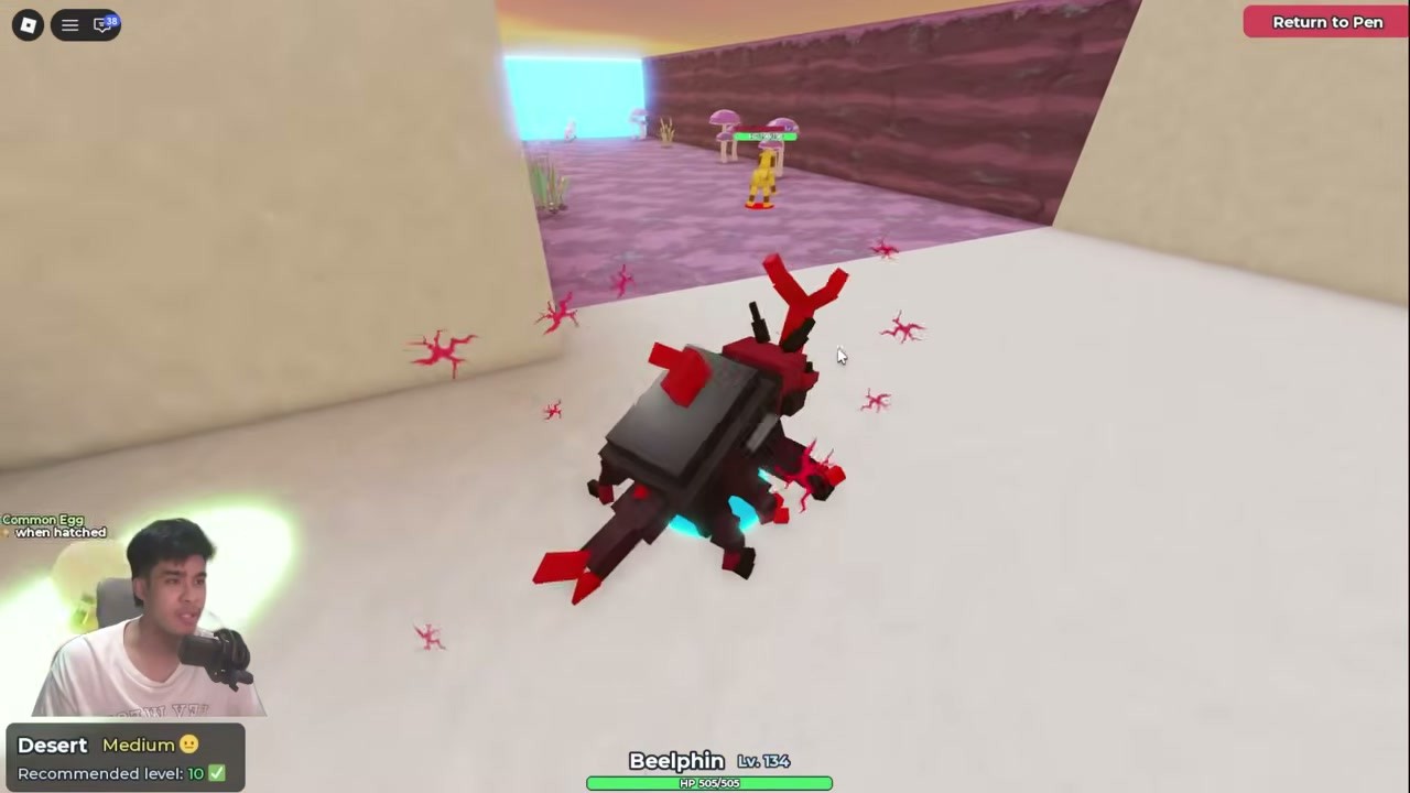 A complete Desert zone screen in The Wild, with the Desert Medium Recommended level 10 plate, an enemy health bar, and the Return to Pen button.