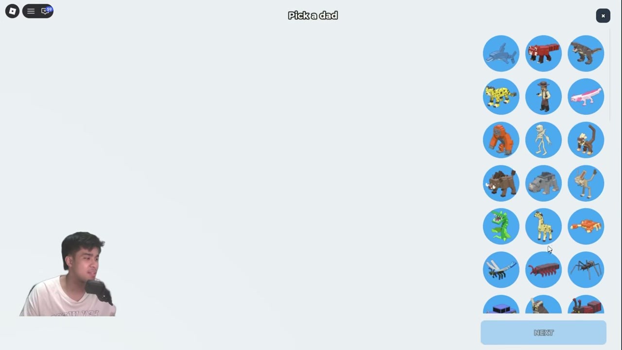 The full parent picker in Impossible Animals, with unlocked animals in blue circles and a NEXT button at the bottom.