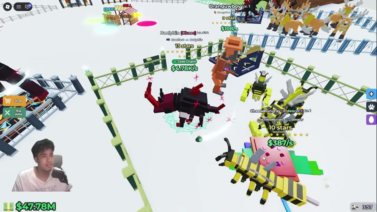 A full Impossible Animals pen holding many hybrids, each with its own floating stars and $/s income label.