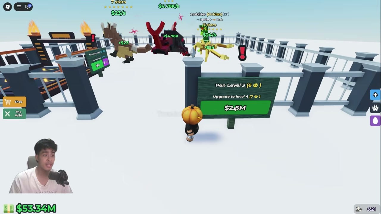 A complete home base screen in Impossible Animals showing the pen sign reading Pen Level 3 (6 slots), Upgrade to level 4 (7 slots), $2.5M.