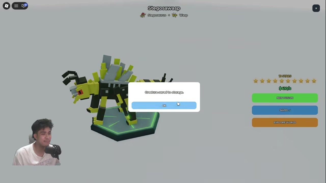 A complete fusion result screen in Impossible Animals, showing Stegosawasp at 10 stars and $410/s with the green SAVE HYBRID button and the New Fusion button below it.
