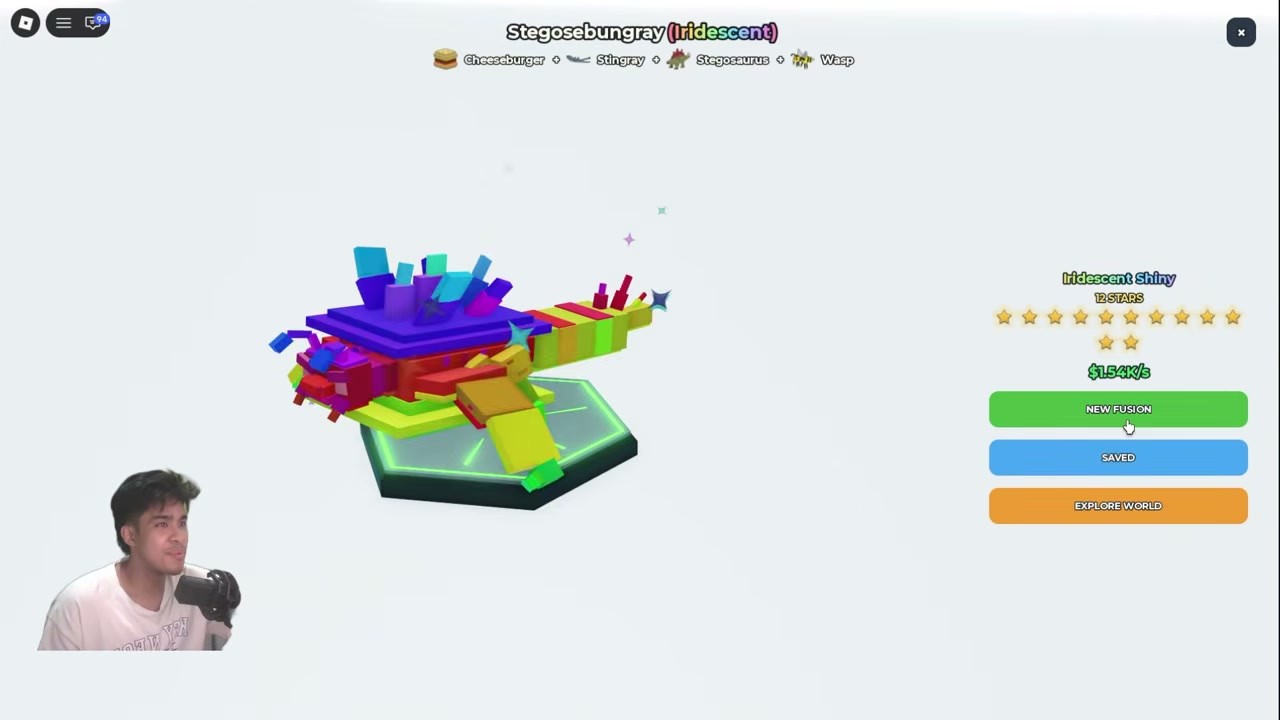 The complete result screen for Stegosebungray (Iridescent) reading 12 stars and $1.54K/s.
