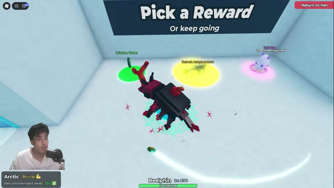 The complete Pick a Reward room in The Wild, with three reward pads and a Return to Pen button in the top-right corner.