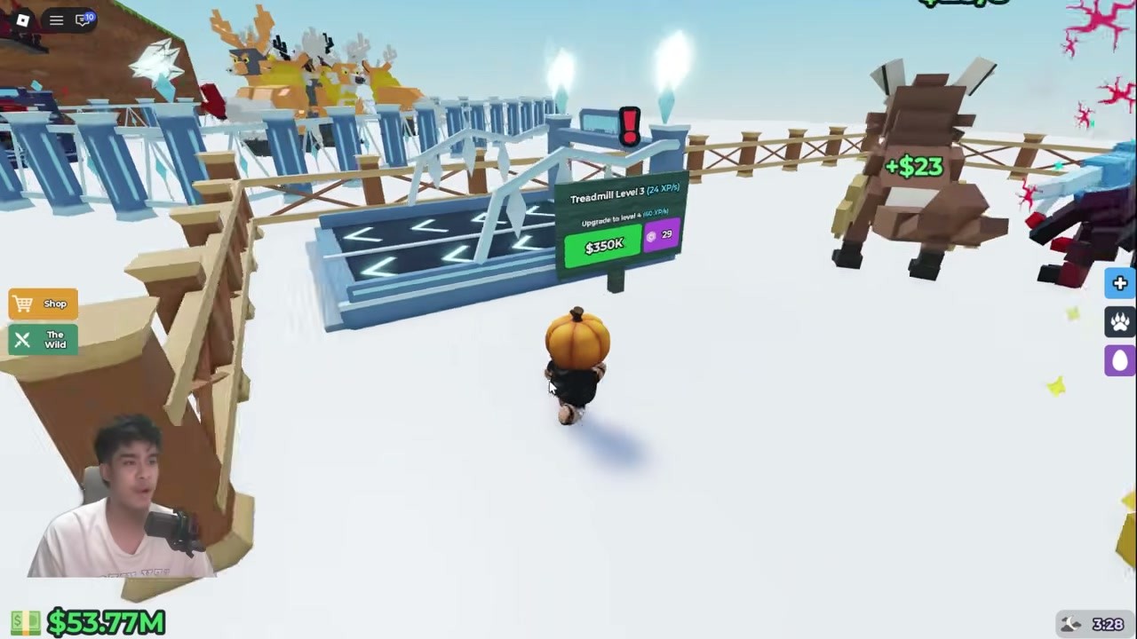 A complete home base screen showing the treadmill sign reading Treadmill Level 3 (34 XP/s) with the $150K upgrade price.