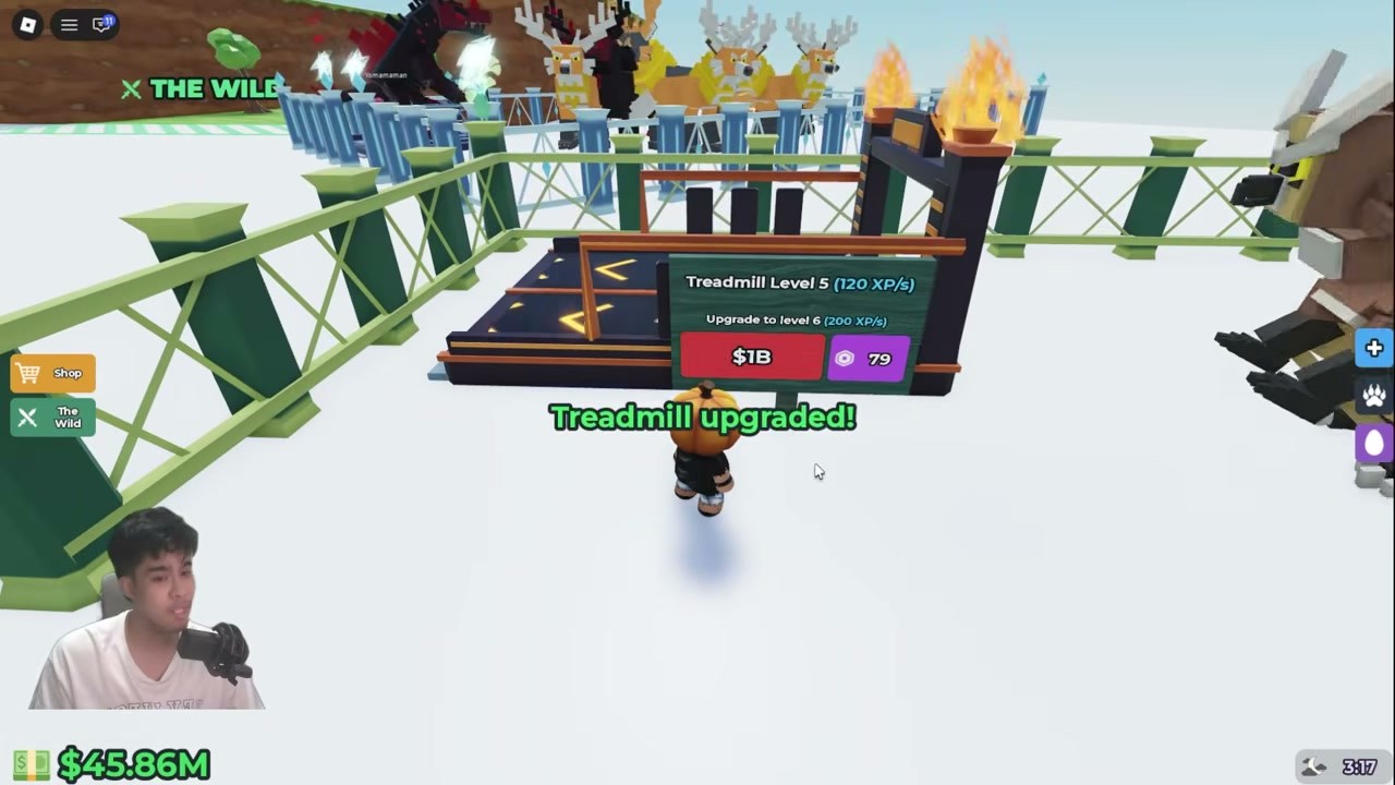 A complete home base screen showing the treadmill sign reading Treadmill Level 5 (120 XP/s), Upgrade to level 6 (200 XP/s), $1B, with the green Treadmill upgraded banner.
